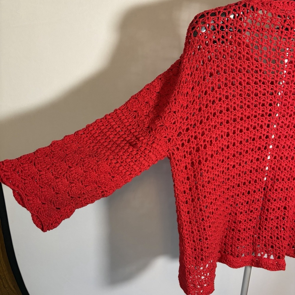 VTG 1X Red Crochet Open Knit 3/4 Sleeve Cottage Cardigan Button Grandma 90s Y2K - Picture 11 of 15